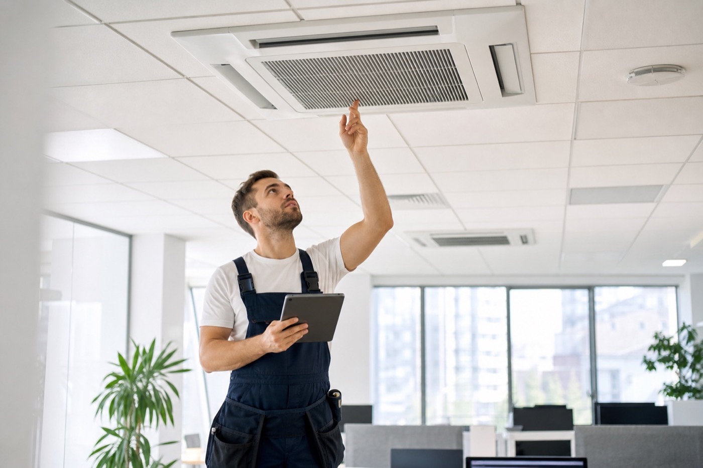 Technicien intervenant sur une unité de climatisation devant une maison de la région France